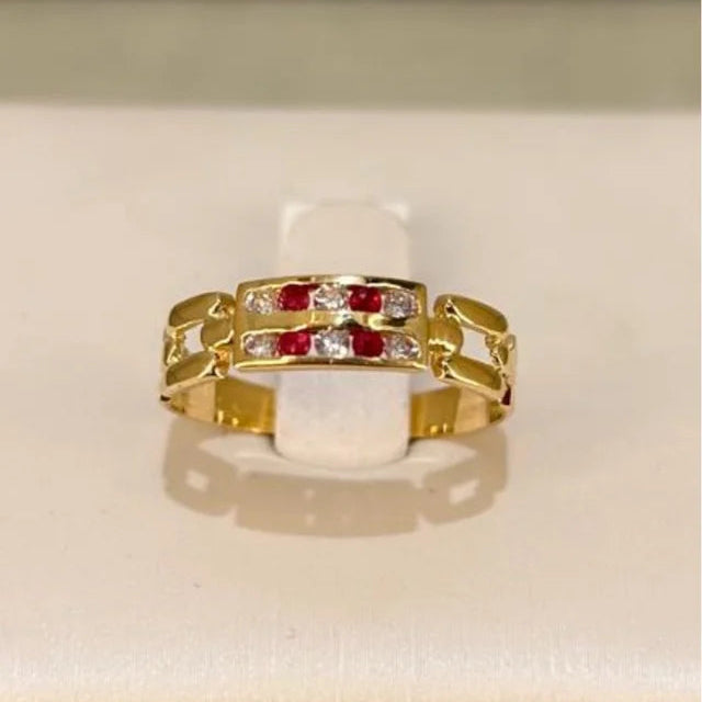 Anillo Oro 18 kl con circonitas Rojas y Blancas